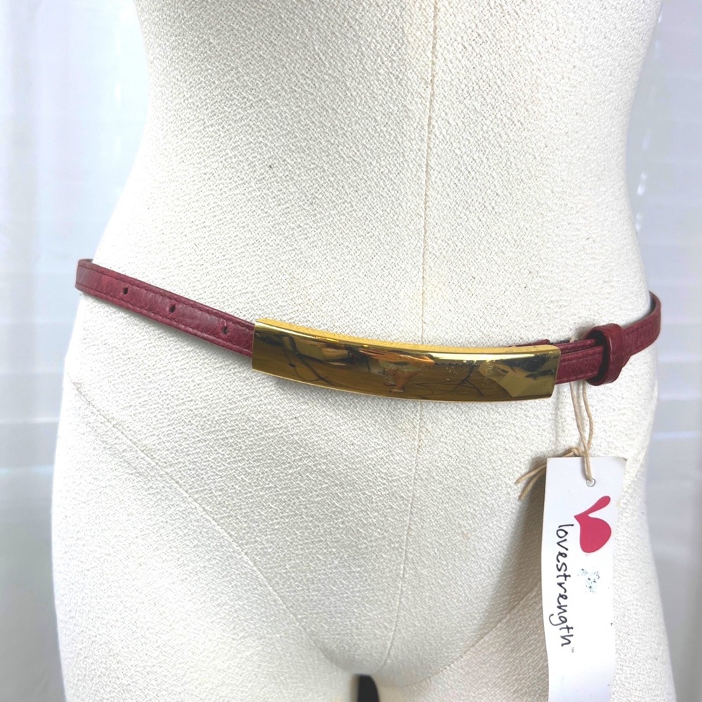 Womens Skinny Leather Belt Burgundy Gold Bar Buckle Size M chic western boho NEW
